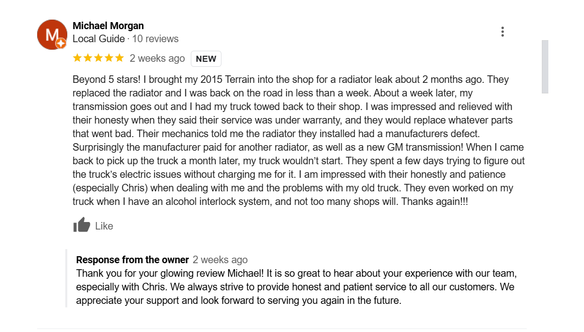 screenshot image of a positive Google review