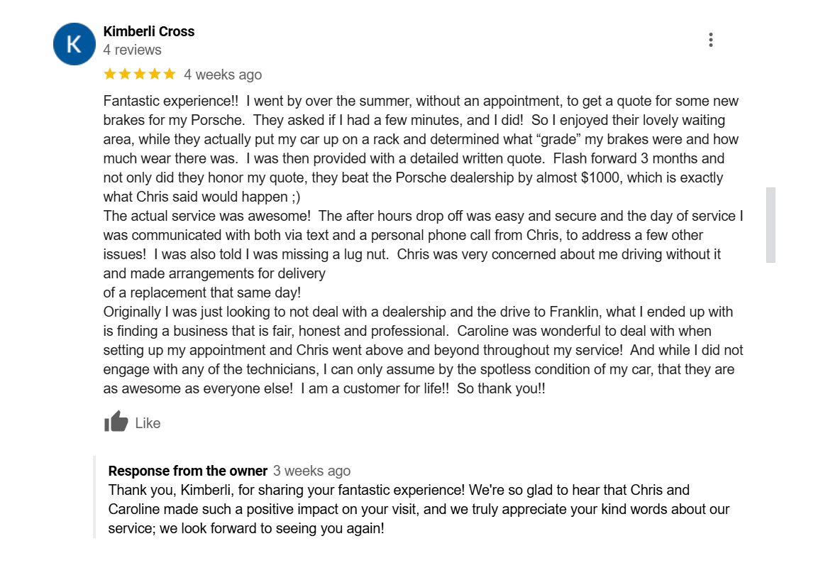 screenshot image of a positive Google review