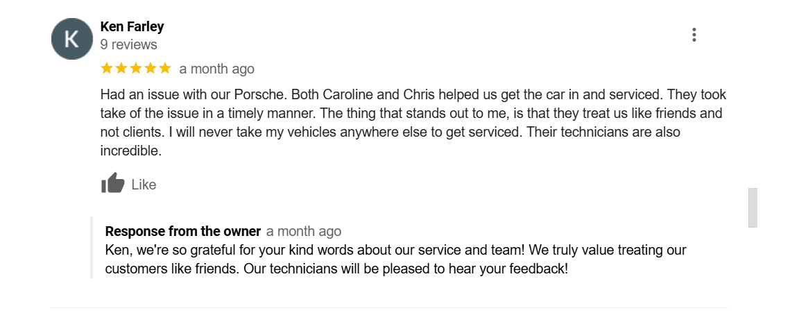 screenshot image of a positive Google review